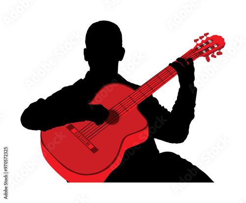 Man playing acoustic guitar vector silhouette illustration isolated. Classic music street performer concert. Musician artist amusement public. Virtuoso classic guitar. Boy play string instrument.