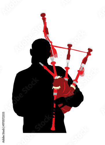 Bagpiper musician man vector silhouette illustration isolated on white background. Street perform boy. Music performer play on traditional instrument. Bagpipe pipes shape shadow. Folklore male.