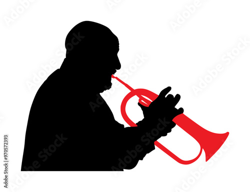 Musician man play trumpet on stage vector silhouette illustration isolated on white. Music male. Jazz man. Bugler artist street performer. Trumpeter shape shadow. Traditional folklore instrument.