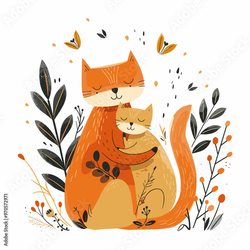 A drawing of two cats cuddling in a forest. Scene is warm and comforting
