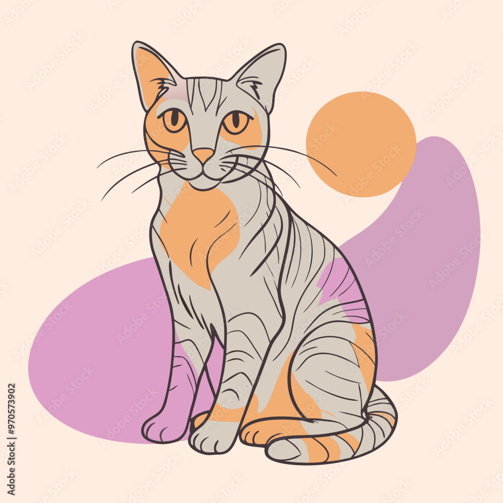 Obraz premium Stylish illustration of a sitting cat with orange stripes on a light background 