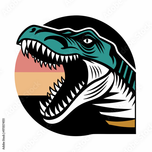 Fierce T-Rex dinosaur head roaring against colorful striped background for t-shirt print