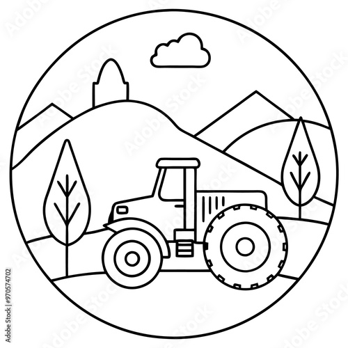 nature and tractor outline coloring book page line art drawing photo