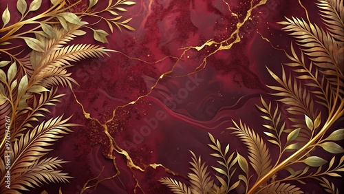 Luxurious abstract background featuring rich burgundy and gold marble textures with botanical s photo