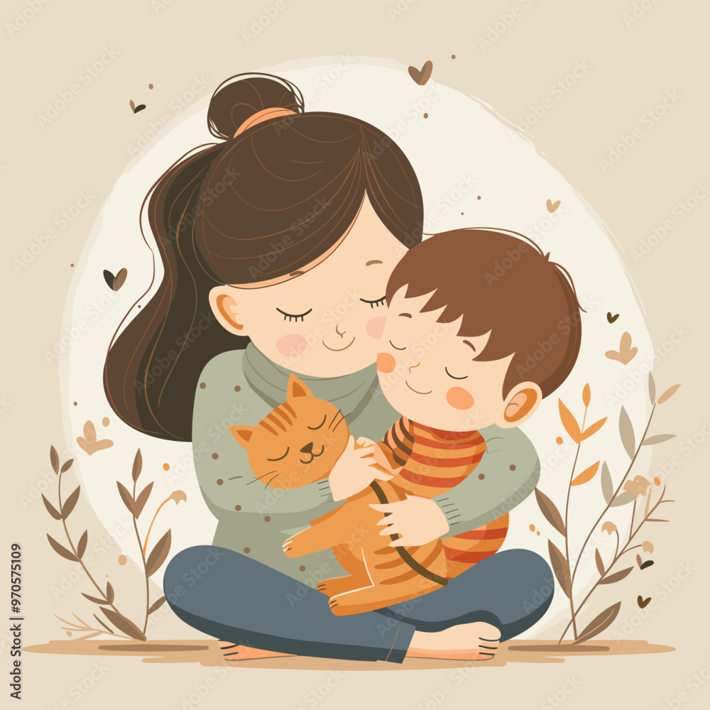 A woman and a boy are sitting on the ground, holding a cat. Scene is warm and loving A woman and a boy are sitting on the ground, holding a cat. Scene is warm and loving