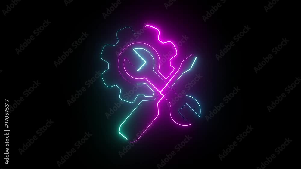 Glowing neon line setting icon with spinning gears icon animated. Technology setting icon concept.