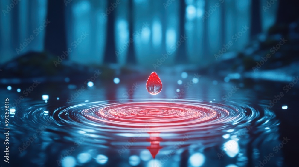Still Raindrop A single, luminous raindrop falls onto the surface of a still, surreal ...