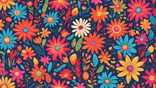 A seamless pattern featuring a vibrant and colorful array of flowers and leaves on a dark blue background. photo