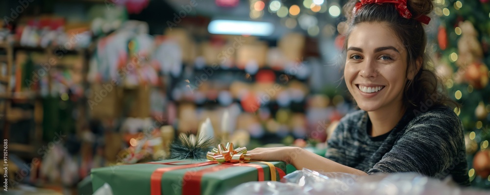 Young woman smiles while wrapping a festive gift in a cozy christmas and new year store, spreading joy and cheer with each fold among shelves packed with merchandise