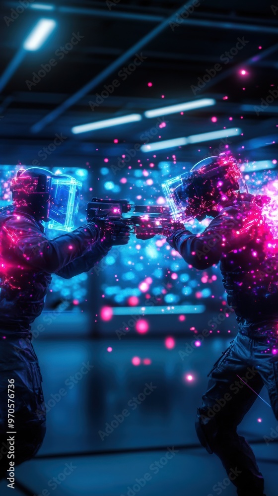 Fototapeta premium A futuristic gaming setup featuring 3D holographic characters engaged in a dynamic battle mid-air.