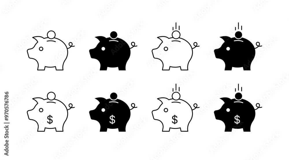 Fototapeta premium Pig piggy bank set icons. Linear and silhouette style. Vector icons.