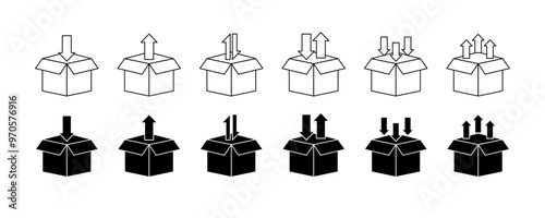 Box opening and closing set icons. Linear and silhouette style. Vector icons.