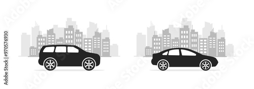 Car ride around the city illustration. Flat and silhouette style. Vector icons.