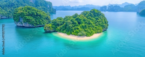 Amazingly beautiful island with a boat for visitors. famous landmark tourist attraction travel. Locations for tourism.