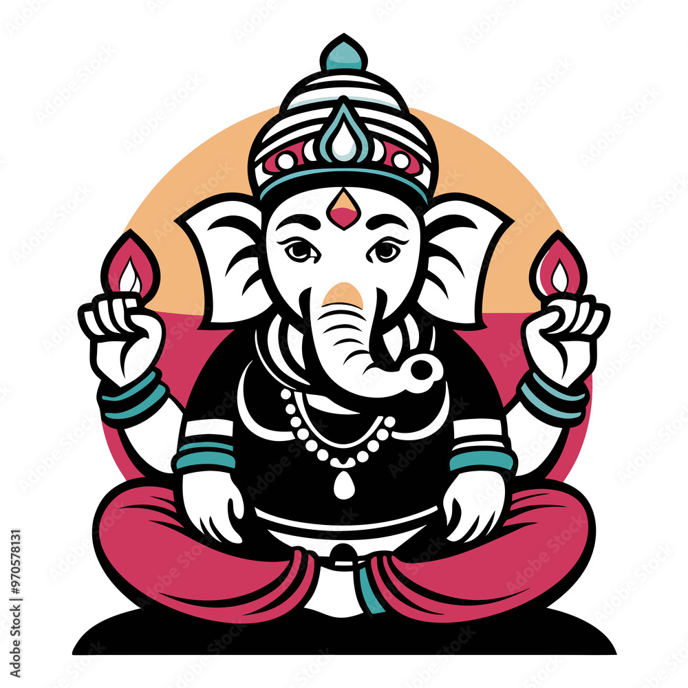 Naklejka premium Colorful stylized Ganesha figure with decorative patterns for festive t-shirt print