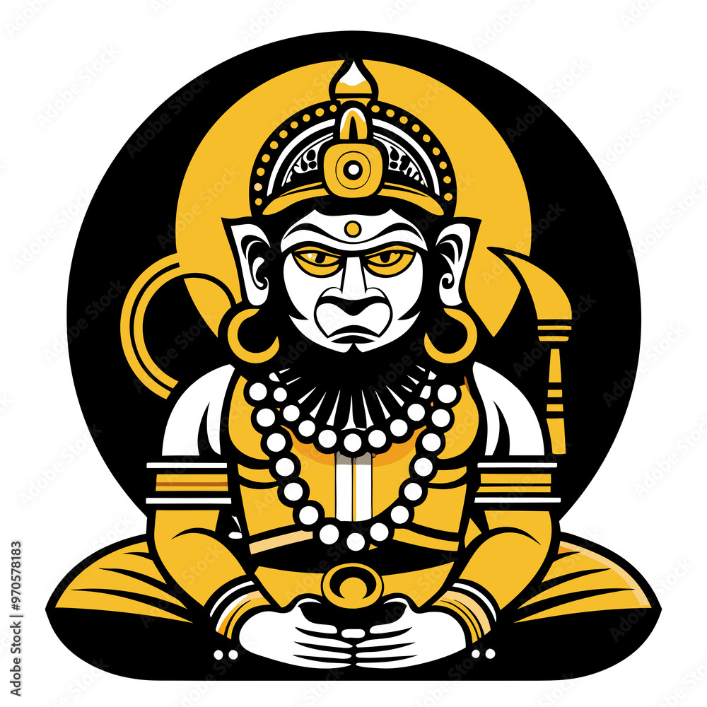 Hanuman with serene expression seated in meditation pose against circular yellow background for t-shirt print Hanuman with serene expression seated in meditation pose against circular yellow background for t-shirt print