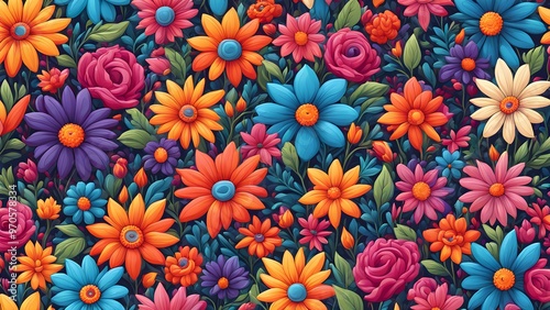 Wallpaper Mural A vibrant, seamless pattern of colorful flowers, including daisies, roses, and other blooms, set against a dark green background. Torontodigital.ca