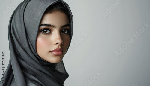 A young and pretty Saudi Arabian female model is satisfied with her smooth skin, isolated against a white background. She poses with her face towards the camera, wearing a hijab over her shoulders