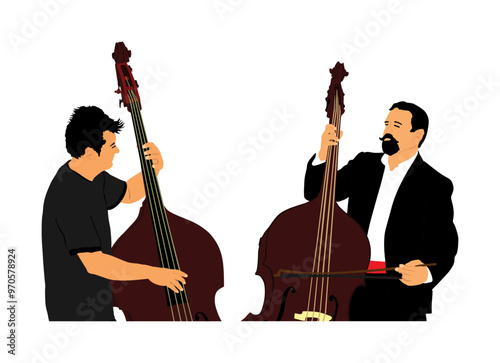 Tandem man playing contrabass duet vector illustration isolated. Music men with contra bass duo concert event. Double bass performer amusement entertainment. Classic musician with string instrument.