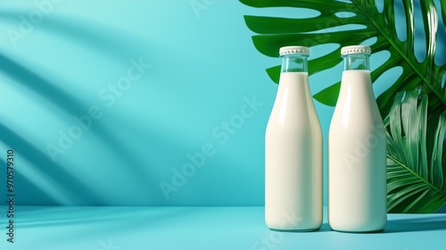 Mockup two glass healthy milk drink liquid container with leaves decoration soft background photo