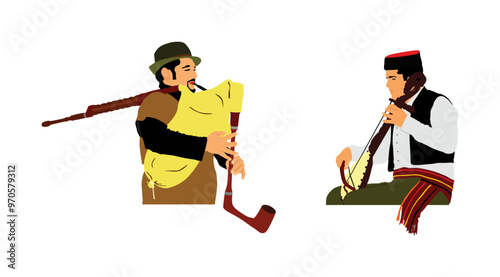 Boy guslar play gusle duet with bagpipe bagpiper man vector illustration isolated. Traditional music instrument Montenegro Serbia. Balkan singer musician player. Folklore artist event entertainment.  photo