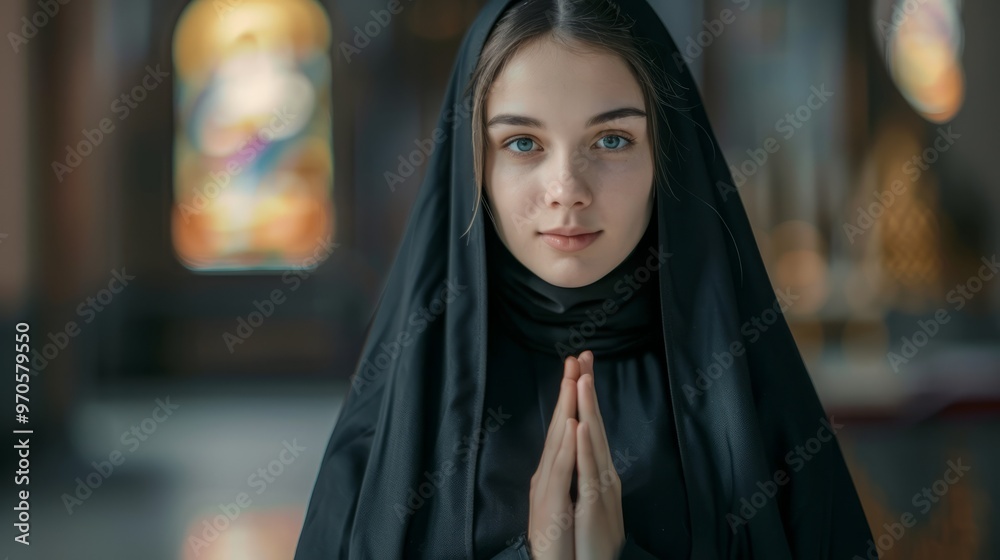 A woman wearing a black veil and praying A woman wearing a black veil and praying