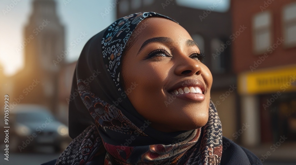 Happy black woman wearing hijab on the street with the sky Happy black woman wearing hijab on the street with the sky