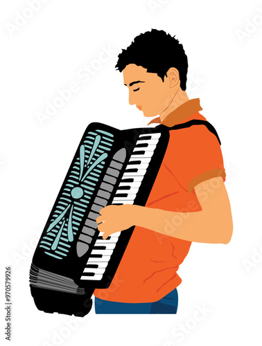 Musician accordion man vector Illustration isolated on white. Boy music artist event street entertainment. Performer amusement public. Jazz man. Accordionist male music instrument harmonica player. 