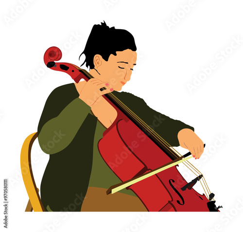 Woman cellist playing cello vector illustration isolated. Music artist girl string instrument. Jazz lady performer. Musician play cello. Public entertainment. Classic music event female amusement.