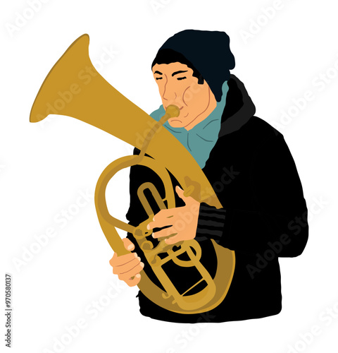 Boy tenor horn player vector illustration. Music man play wind instrument. Music artist. Jazz man saxhorn. Bugler street performer. Musician trumpet. Male public entertainment. Classic music event.