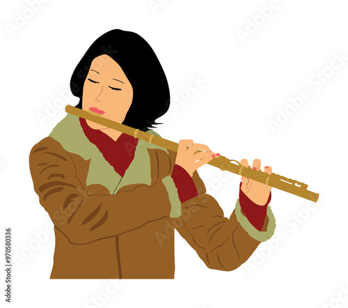 Woman flute music playing flutist vector illustration isolated on white background. Musician girl performer with musical instrument. Female street performer. Music lady portrait.  Flute player.