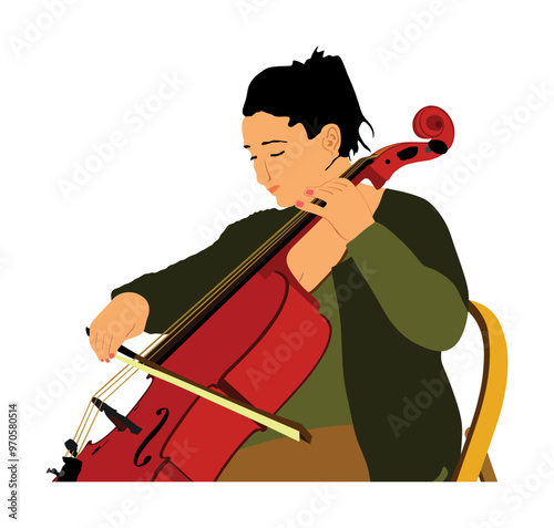 Woman cellist playing cello vector illustration isolated. Music artist girl string instrument. Jazz lady performer. Musician play cello. Public entertainment. Classic music event female amusement.