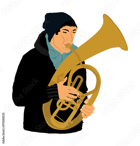Boy tenor horn player vector illustration. Music man play wind instrument. Music artist. Jazz man saxhorn. Bugler street performer. Musician trumpet. Male public entertainment. Classic music event.