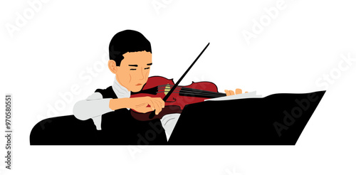 Young man playing violin vector illustration isolated on white background. Classic music performer concert. Musician artist amusement public. Violin virtuoso. Boy plays violin string instrument class.