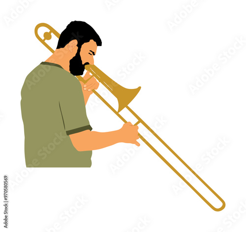 Trombone player vector illustration isolated. Music man play wind instrument. Artist jazz man. Bugler street performer. Boy musician play trumpet. Public entertainment. Classic music event.
