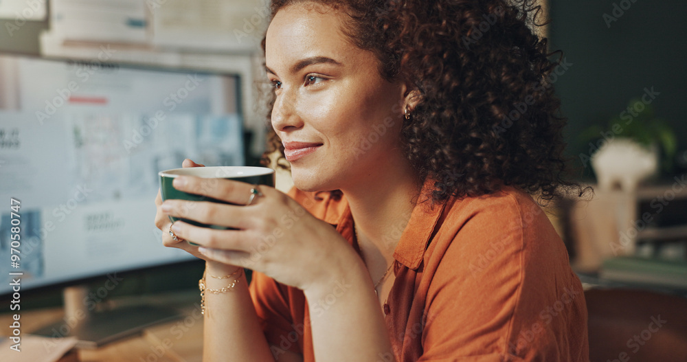 Business woman, coffee and thinking in home office for research, hybrid work and positive mood. Virtual assistant, vision and cup of tea for project, pride and professional administration support Business woman, coffee and thinking in home office for research, hybrid work and positive mood. Virtual assistant, vision and cup of tea for project, pride and professional administration support