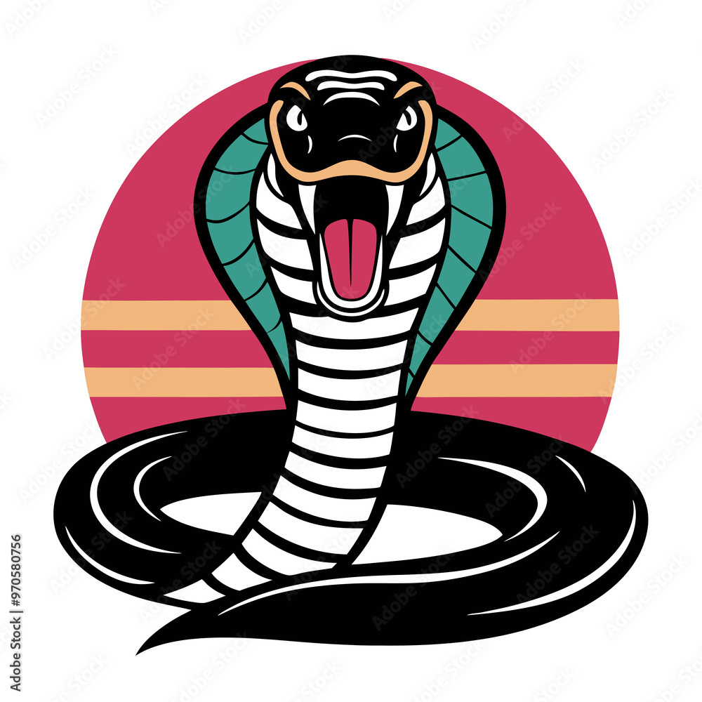 Fototapeta premium Fierce cobra snake in striking pose within circular design for bold t-shirt print