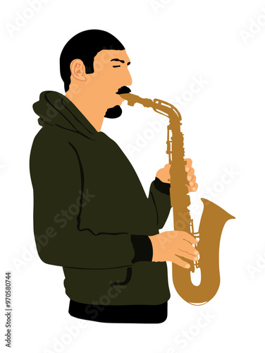 Saxophone player vector illustration isolated. Music man play wind instrument. Music artist. Jazz man. Bugler street performer. Musician play trumpet. Entertainment for public. Classic music event.