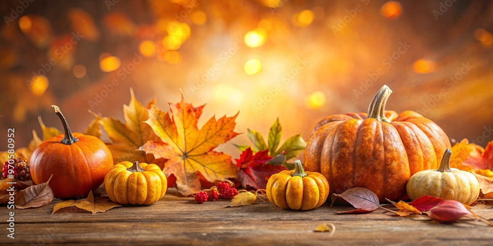 Autumn-themed stock photo featuring pumpkins and colorful leaves on a warm backdrop Autumn-themed stock photo featuring pumpkins and colorful leaves on a warm backdrop