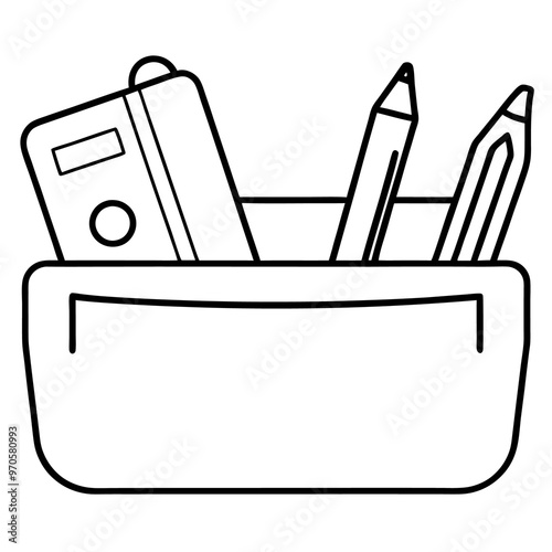 pencil case with stationery outline coloring book page line art drawing photo