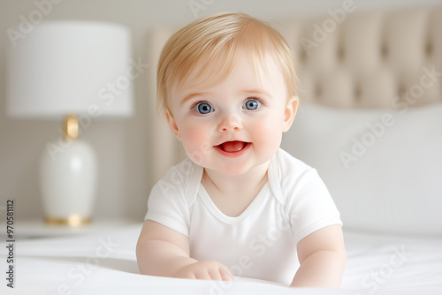 A baby is smiling and laying on a bed. The baby is wearing a white shirt and has blue eyes