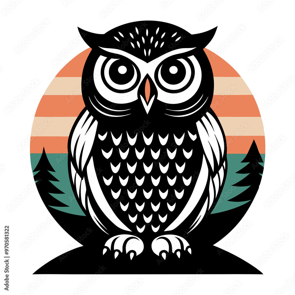 Fototapeta premium Wise owl with striking eyes in circular forest scene for nature-inspired t-shirt print