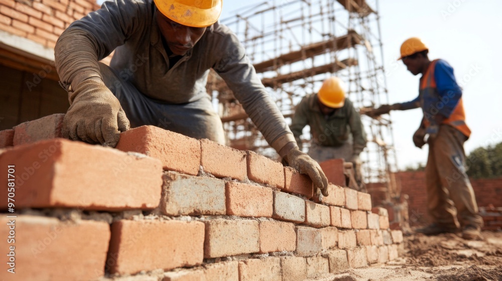 Construction Workers Building Brick Wall at Site