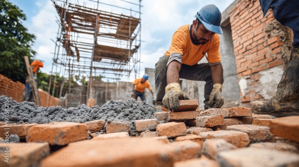 Construction Worker Laying Bricks During Building Project Construction Worker Laying Bricks During Building Project