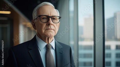 Portrait of a senior businessman wearing glasses and a suit, standing in a modern office with large windows overlooking the city.