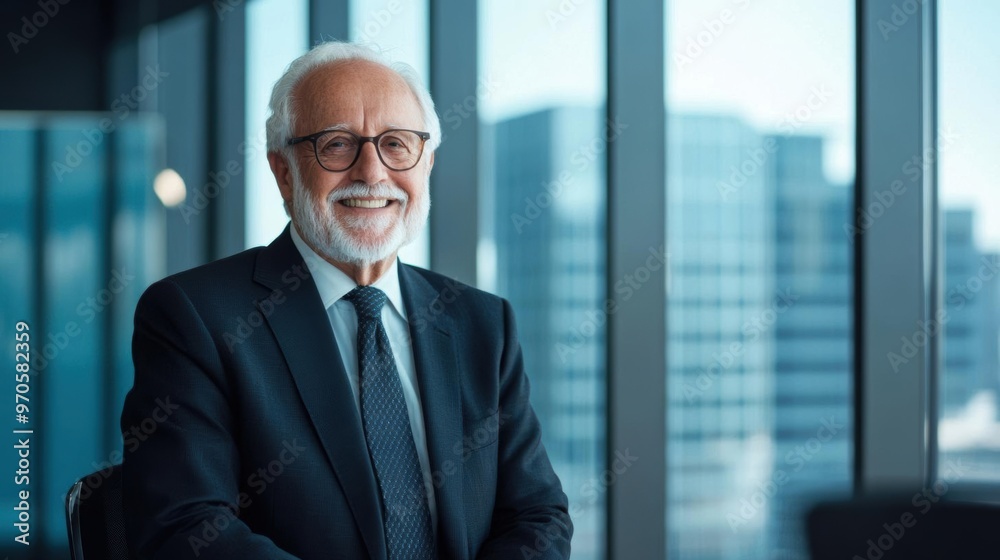 Elderly businessman in a modern office, smiling and looking confident, with large windows and cityscape in the background. Elderly businessman in a modern office, smiling and looking confident, with large windows and cityscape in the background.