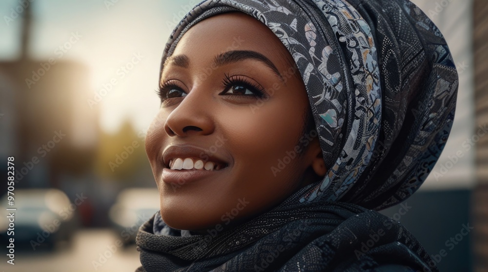 Happy black woman wearing hijab on the street with the sky Happy black woman wearing hijab on the street with the sky