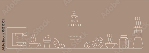 Hand drawn illustration of Bakery and Coffee. Icons. Abstract geometric line background. Gold luxury. Pattern for cover design, food package, menu, background, café wall, coffee shop, web banner
