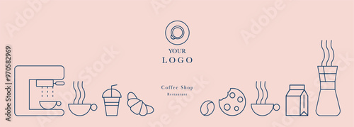 Hand drawn illustration of Bakery and Coffee. Icons. Abstract geometric line background. Gold luxury. Pattern for cover design, food package, menu, background, café wall, coffee shop, web banner