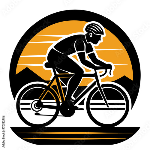 Dynamic cyclist silhouette racing against striped sunset for sporty t-shirt print photo